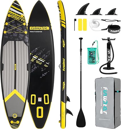 Tabla de paddle surf inflable multifuncional FunWater con aletas, correa de seguridad y bomba manual, para adultos y adolescentes de todos los niveles. 