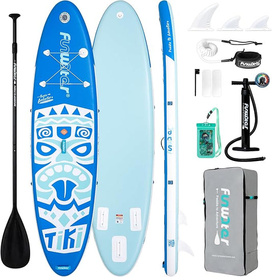 Tabla de paddle surf inflable FunWater con accesorios premium, cubierta de EVA ancha, estable y antideslizante, ideal para adultos y jóvenes de todos los niveles.